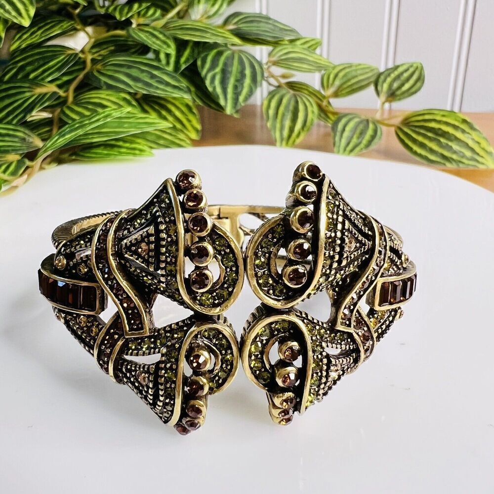 Fabulous HEIDI DAUS Rhinestones Gold Brass Earth Tone Clamper Bracelet Signed